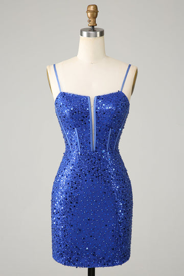 Royal Blue Bodycon Sparkly Spaghetti stropper Homecoming Dress